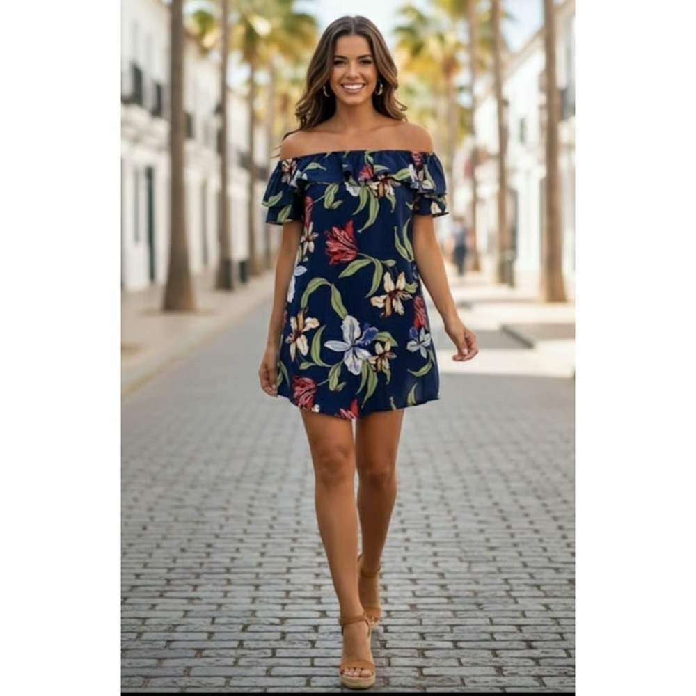 Amanda Uprichard Ethan Off Shoulder Floral Silk Mini Dress Navy Blue P XS
